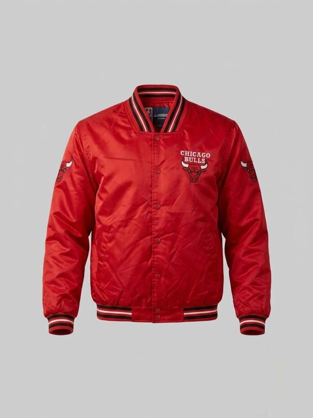 JH Design Chicago Bulls Red Satin Embroidered Snap Front Varsity Jacket